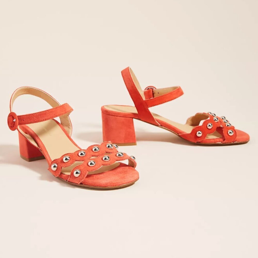 Anthropologie Mary Coral Red Studded Block Heeled Strappy Sandals, size 41 / 10